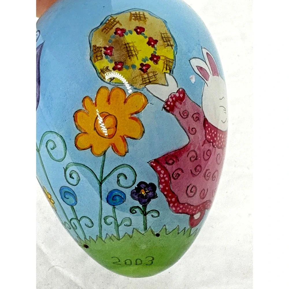 Pier 1 Li Bien Egg Glass Hanging Ornament Bunny Rabbit 2003 Hand Painted